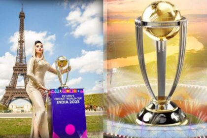 Eiffel Tower Ke Saamne Golden Dress Me Nazar Aai Urvashi Rautela Saath Hi ICC World Cup 2023 Trophy Ke Saath Photos Ki Share 1 1