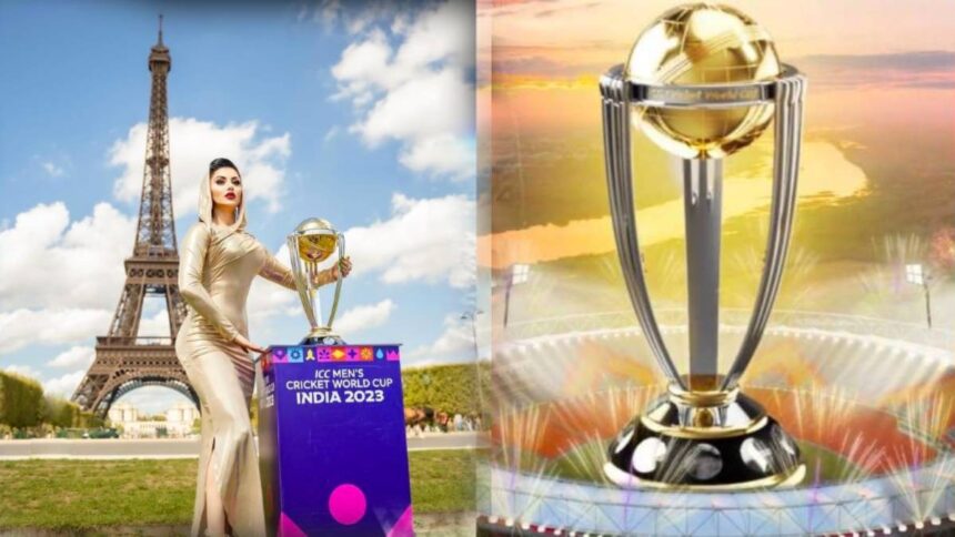Eiffel Tower Ke Saamne Golden Dress Me Nazar Aai Urvashi Rautela Saath Hi ICC World Cup 2023 Trophy Ke Saath Photos Ki Share 1 1