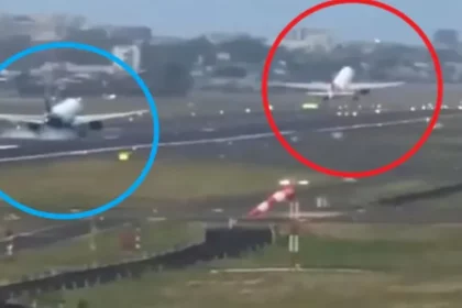 The IndiGo plane shown in the blue circle touched down on the Mumbai airport runway while the Air