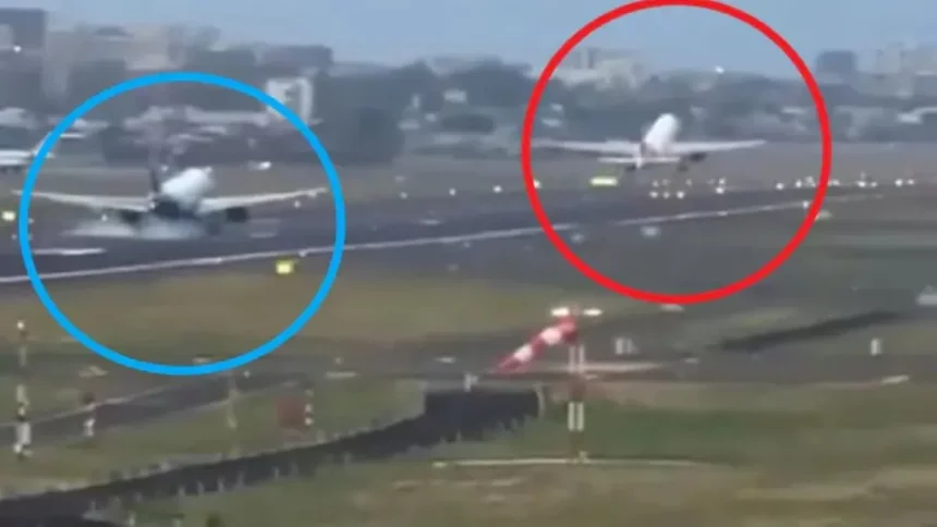 The IndiGo plane shown in the blue circle touched down on the Mumbai airport runway while the Air