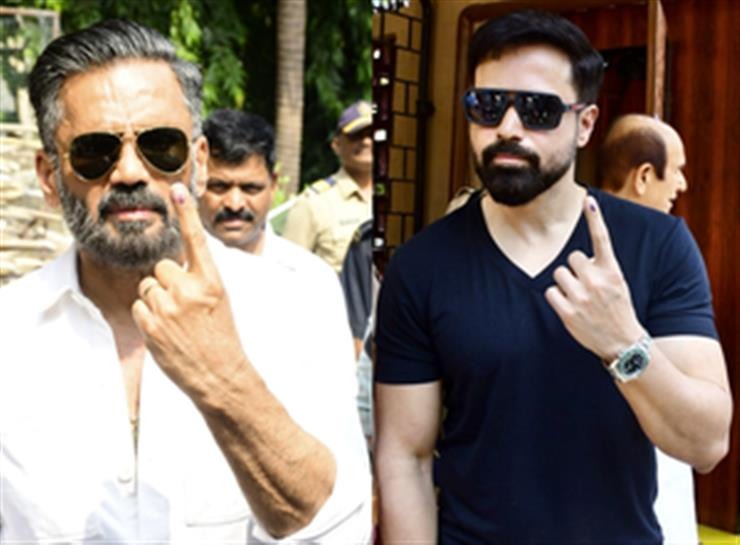 Actor Emraan Hashmi And Suniel Shetty Shows His Inked Finger After Casting His Vote