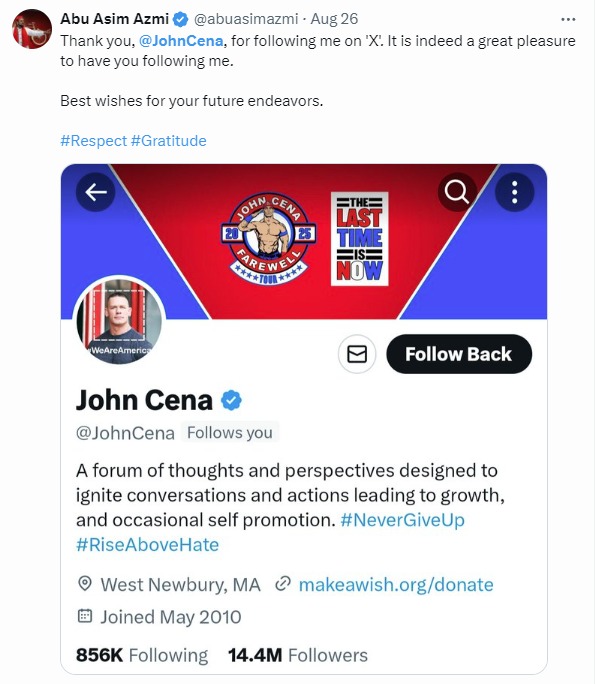 WWE Star John Cena Ka Indian Politics Mein Interest, SP MLA Abu Asim Azmi Ko Follow Karna Shuru Kiya Social Media Par