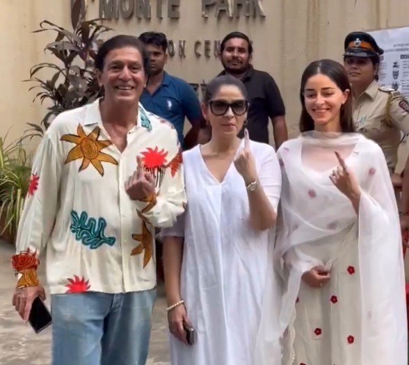 Actor Ananya Panday, Her Mother Bhavna Panday And Father, Actor Chunky Panday Cast Their Vote For #MaharashtraElections2024, At A Polling Booth In Mumbai.