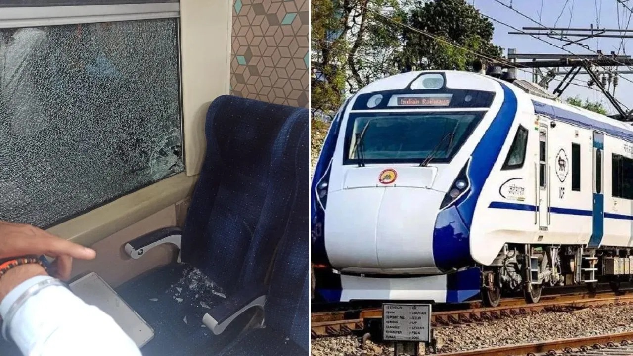 Stone Pelting – Vande Bharat Express train par patthar baazi, Mumbai Solapur Vande Bahrat Express ki Window glass toot