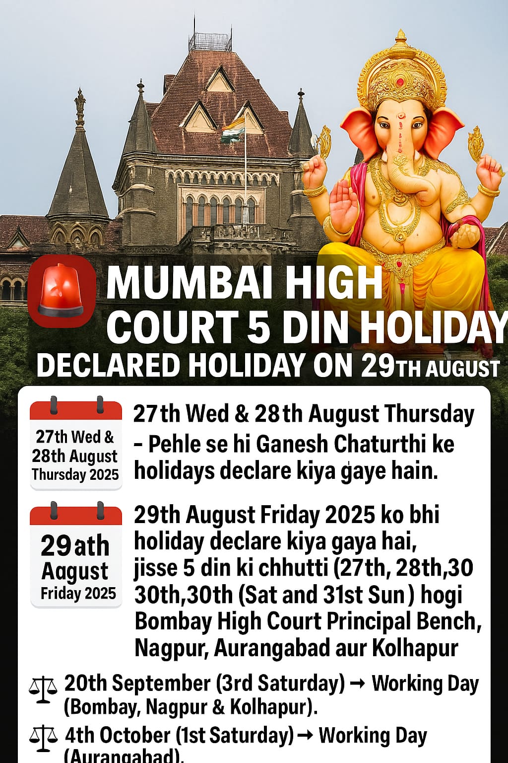 Bombay High Court 5 din Holiday, Declared Holiday on 29th August