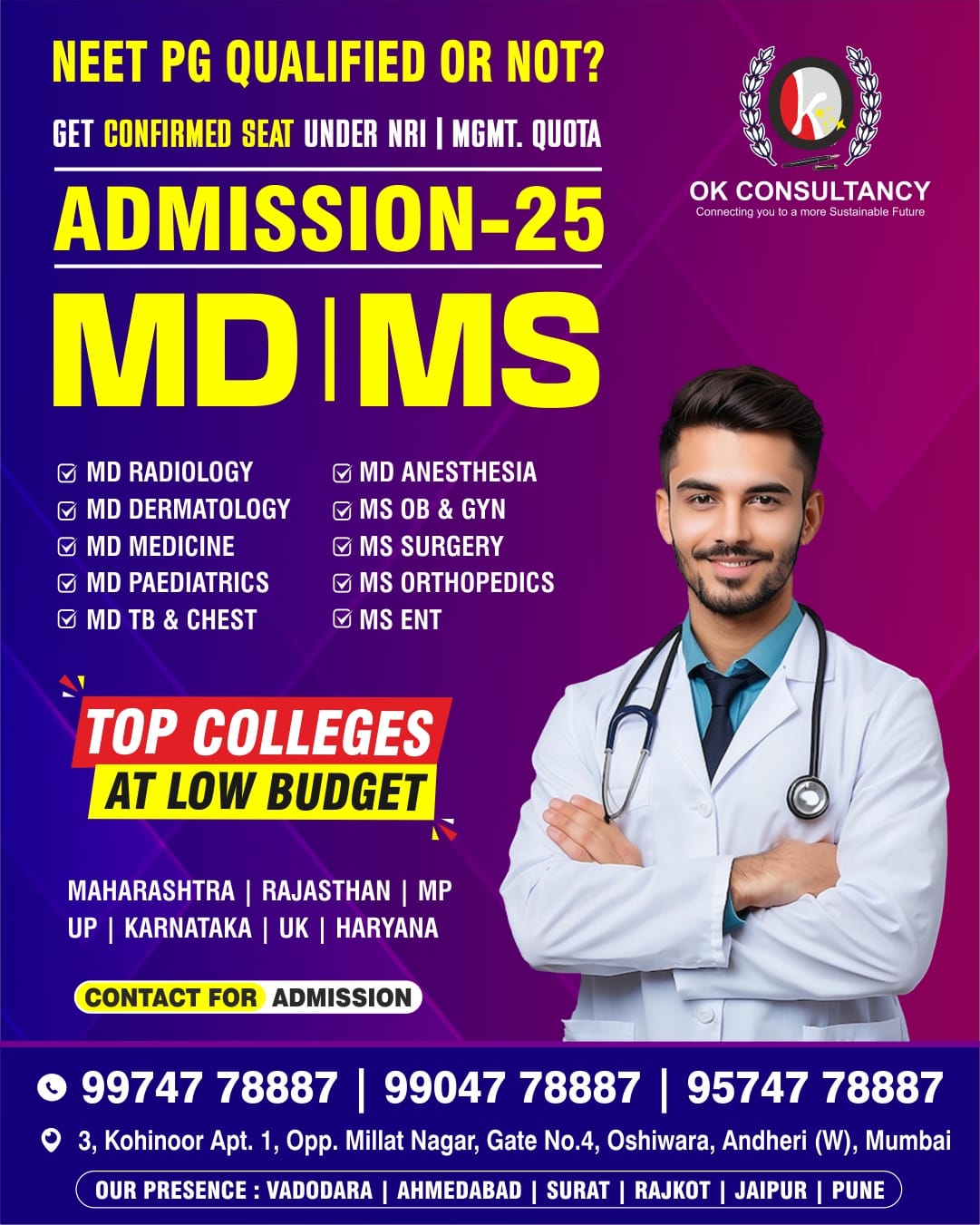 One to One counseling For MD/MS/DNB/Diploma after MBBS…  Admission Guidance and procedure For low Scorer or Not Qualified Students.