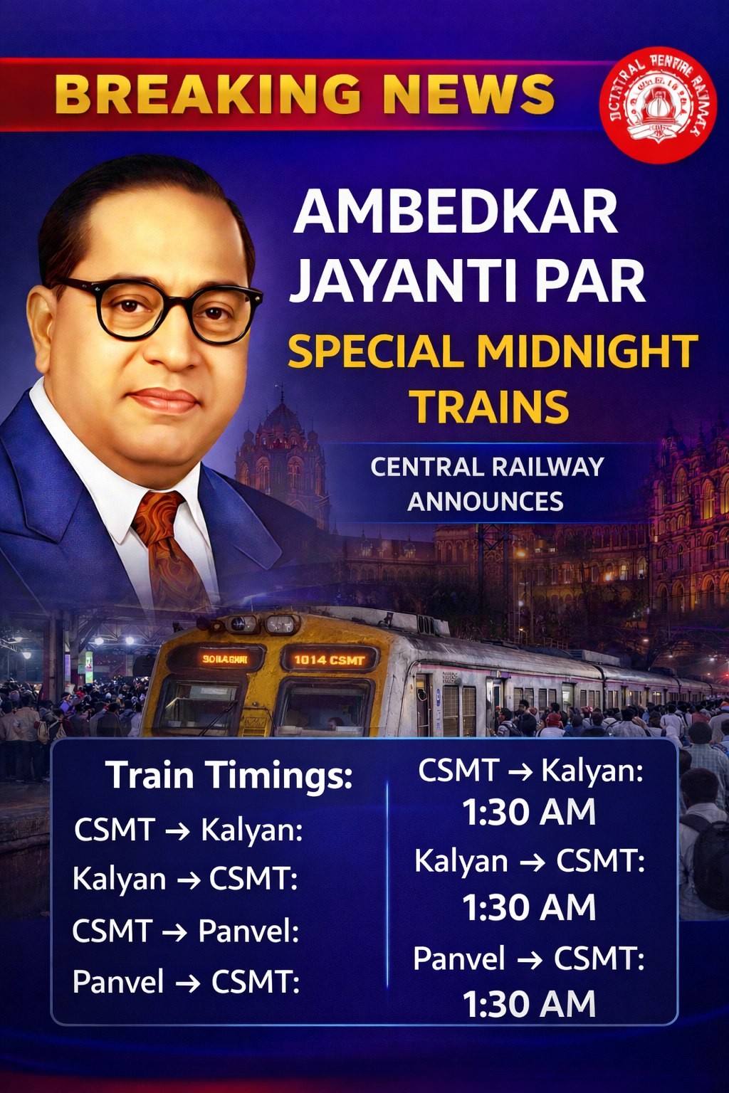 Ambedkar Jayanti Par Special Midnight Trains, Central Railway ka Announcement