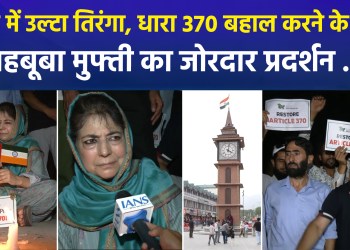 Mehbooba Mufti stages a spirited protest holding an inverted Tricolour and raising slogans for the restoration of Article 370…