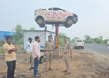 Gujarat: Damaged car displayed on NH-48 to warn motorists against unsafe driving